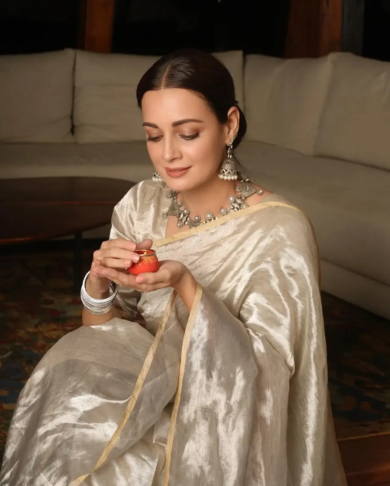 INDIAN ACTRESS DIA MIRZA IMAGES IN SLIVER COLOR SAREE